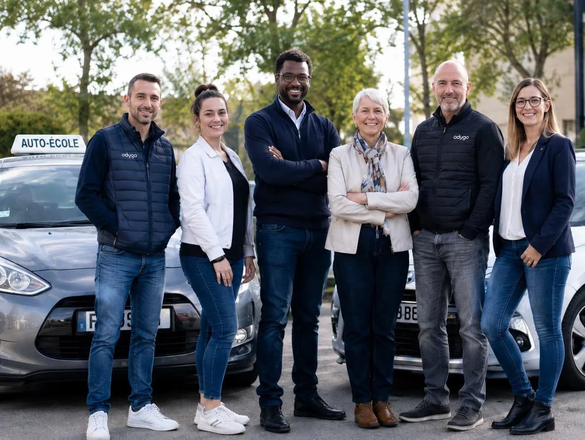 L'équipe Odygo et ses enseignants partenaires devant les véhicules de l'agence