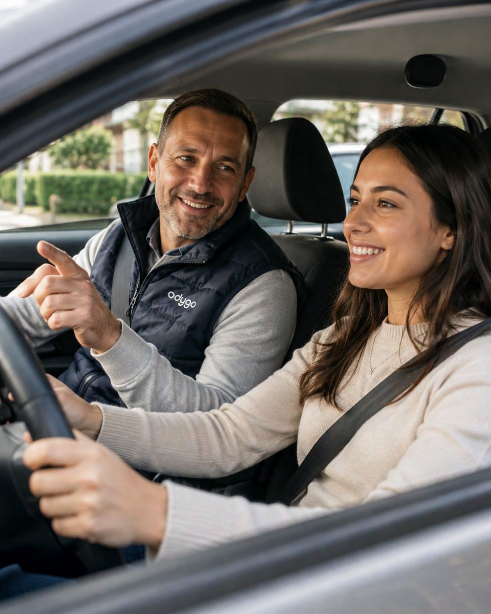 Une élève au volant avec son enseignant Odygo à ses côtés